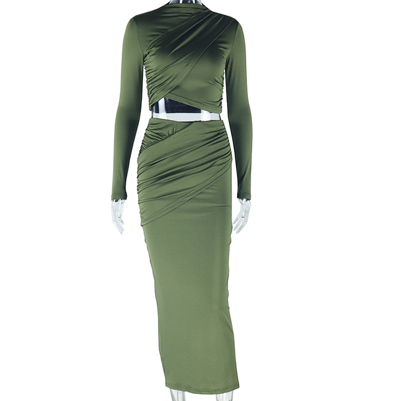 European and American style ins foreign trade solid color round neck irregular long sleeved crop top casual half skirt two-piece set trendy women European and American style ins foreign trade solid color round neck irregular long sleeved crop top casual half skirt two-piece set trendy women