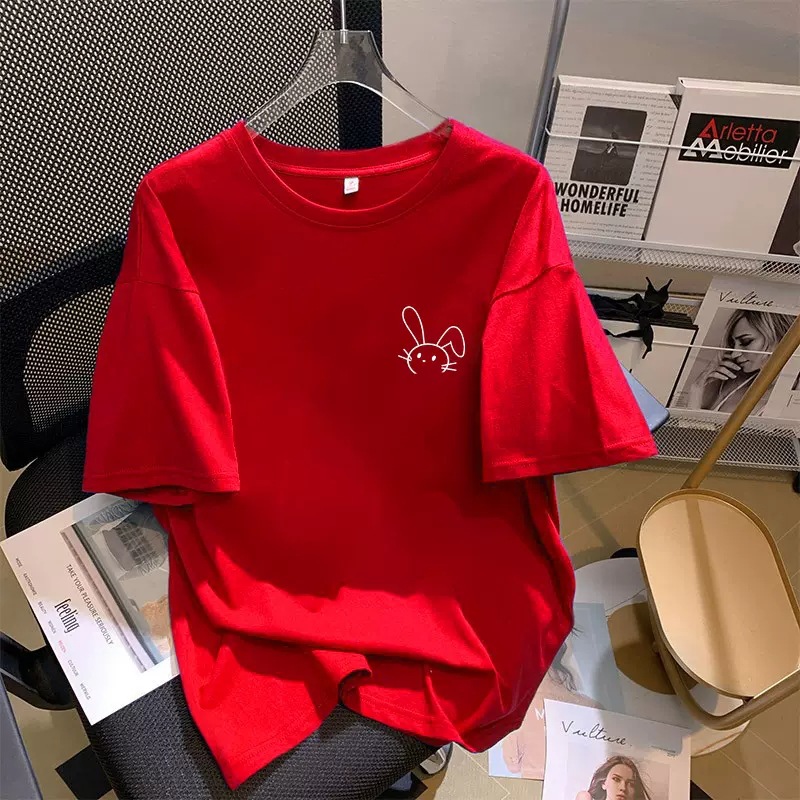 Rabbit Year, zodiac year, short sleeved T-shirt, women's base shirt, 2023 new red clothes, T-shirt, big red top, ins trend Rabbit Year, zodiac year, short sleeved T-shirt, women's base shirt, 2023 new red clothes, T-shirt, big red top, ins trend