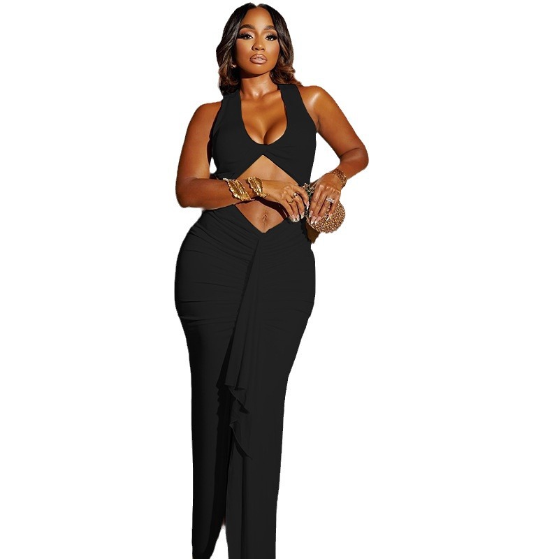 European and American style ins foreign trade women's solid color dress sexy suspender hollow ribbon temperament casual dress dress European and American style ins foreign trade women's solid color dress sexy suspender hollow ribbon temperament casual dress dress