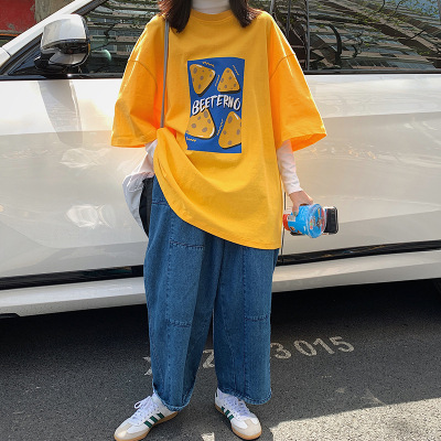 Short sleeved T-shirt for women, loose Korean version Instagram trend, 2022 summer cartoon print, loose and slimming versatile half sleeved top for women