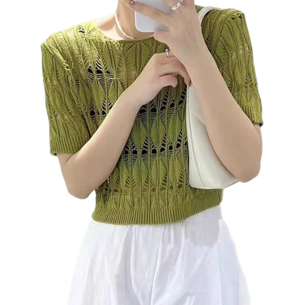 Hollow out short knitted sweater for women 2023 summer new style, loose and slimming, thin French style base shirt top Hollow out short knitted sweater for women 2023 summer new style, loose and slimming, thin French style base shirt top