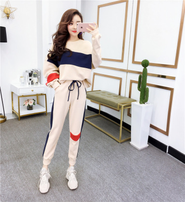 2022 Korean version new autumn fashion color blocked long sleeved sweatshirt long pants two-piece set women's loose casual sports suit 2022 Korean version new autumn fashion color blocked long sleeved sweatshirt long pants two-piece set women's loose casual sports suit