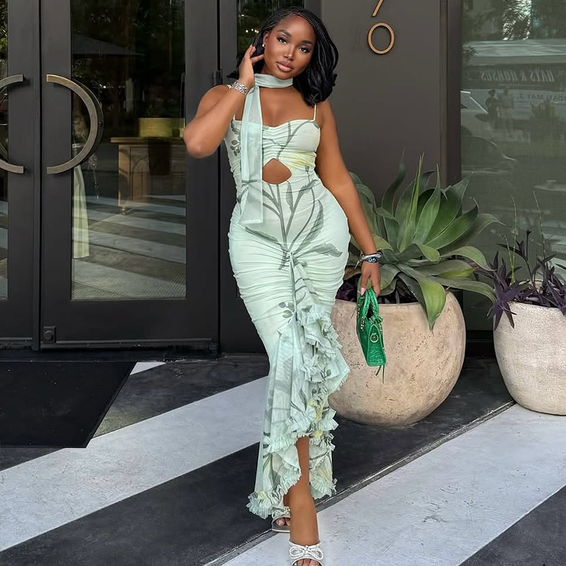 European and American style cross-border temperament printed women's clothing elegant slim fit ruffle edge wrapped hip skirt with suspender and sleeveless long dress