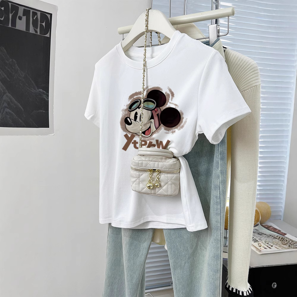 White short sleeved t-shirt for women cartoon 2025 spring and summer round neck loose and versatile mid to long student half sleeved top trend