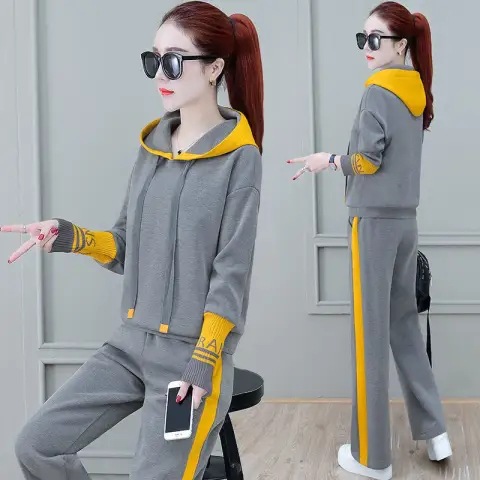 2023 New Autumn Fashion Splicing Color blocked Hoodie Women's Two Piece Set Loose Large Casual Sports Set