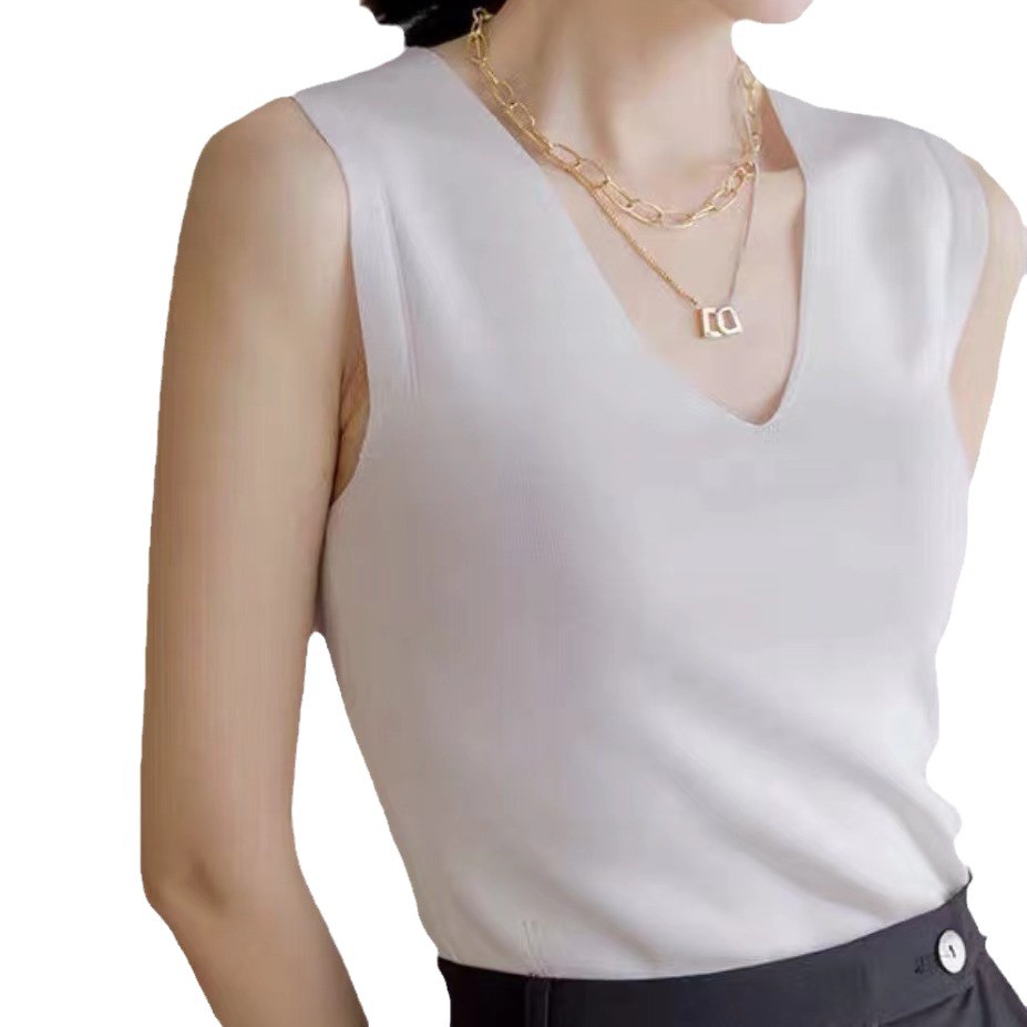 Vest women's summer outer knitted sweater V-neck sleeveless suit with bottom layer, fashionable and stylish ice silk suspender top Vest women's summer outer knitted sweater V-neck sleeveless suit with bottom layer, fashionable and stylish ice silk suspender top