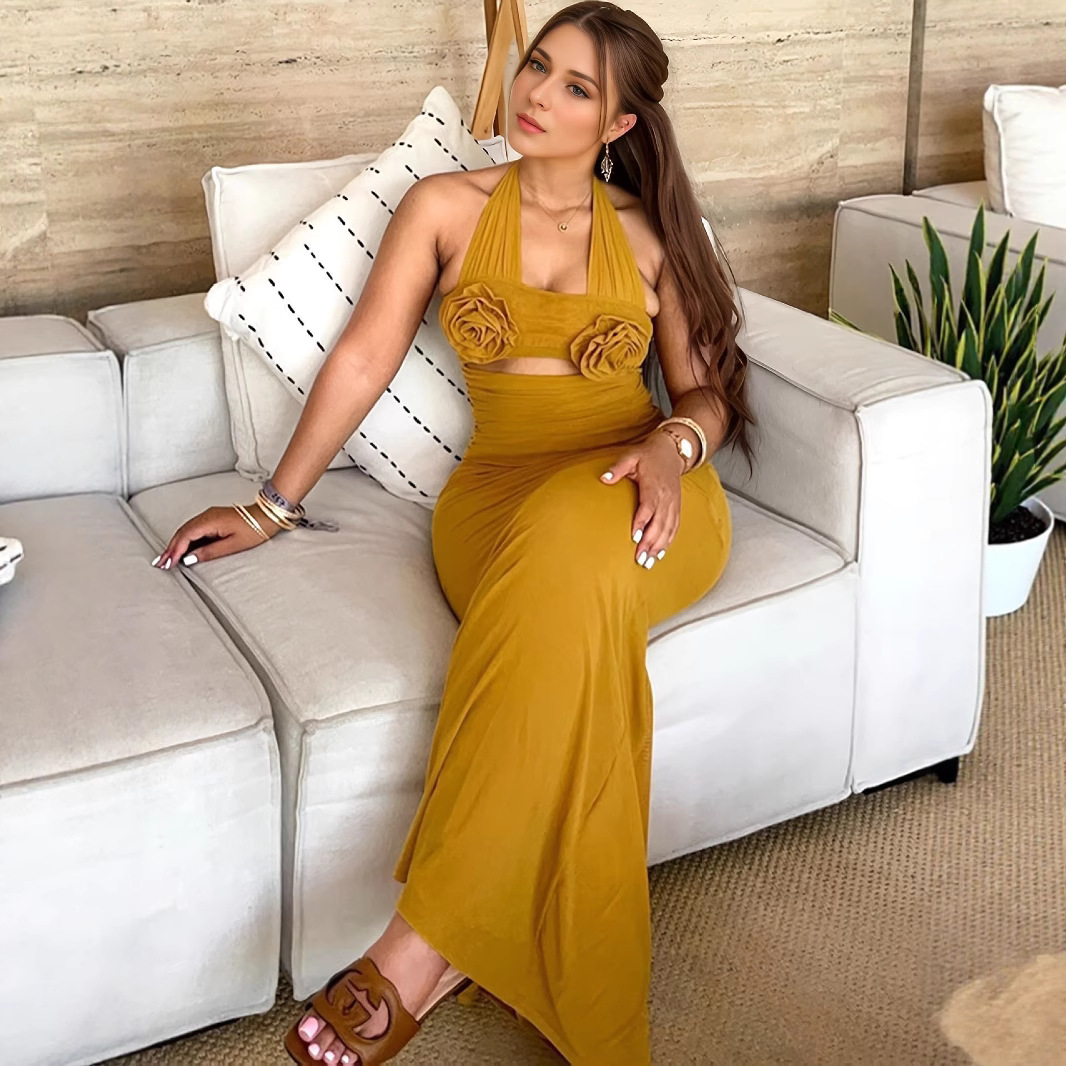 European and American women's clothing 2024 autumn sweet and fresh hanging neck three-dimensional flower decoration high waist one-step dress long skirt