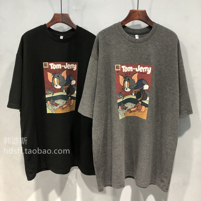 2022 Korean version new summer outfit cartoon round neck short sleeved T-shirt for women, loose fitting student half sleeved top, mid to long style Instagram trend