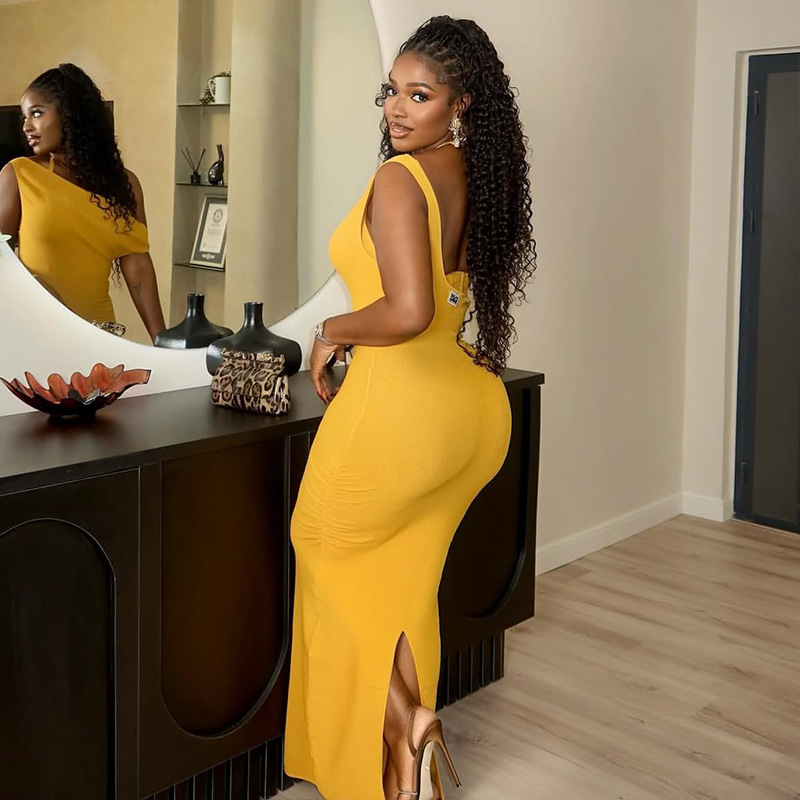 European and American style cross-border temperament women's slim fit, hip hugging, elegant one-step skirt, backless hanging neck, solid color slit long dress European and American style cross-border temperament women's slim fit, hip hugging, elegant one-step skirt, backless hanging neck, solid color slit long dress