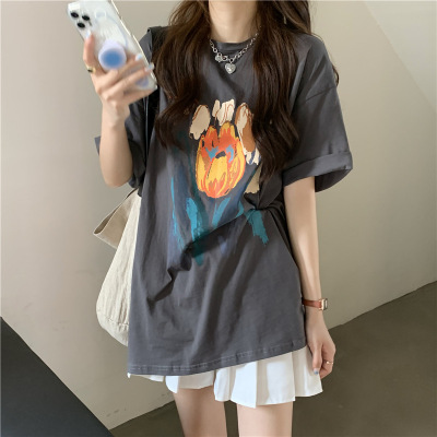 Summer 2022 new design sense niche printed short sleeved t-shirt for women loose and chic half sleeved clothes ins trend