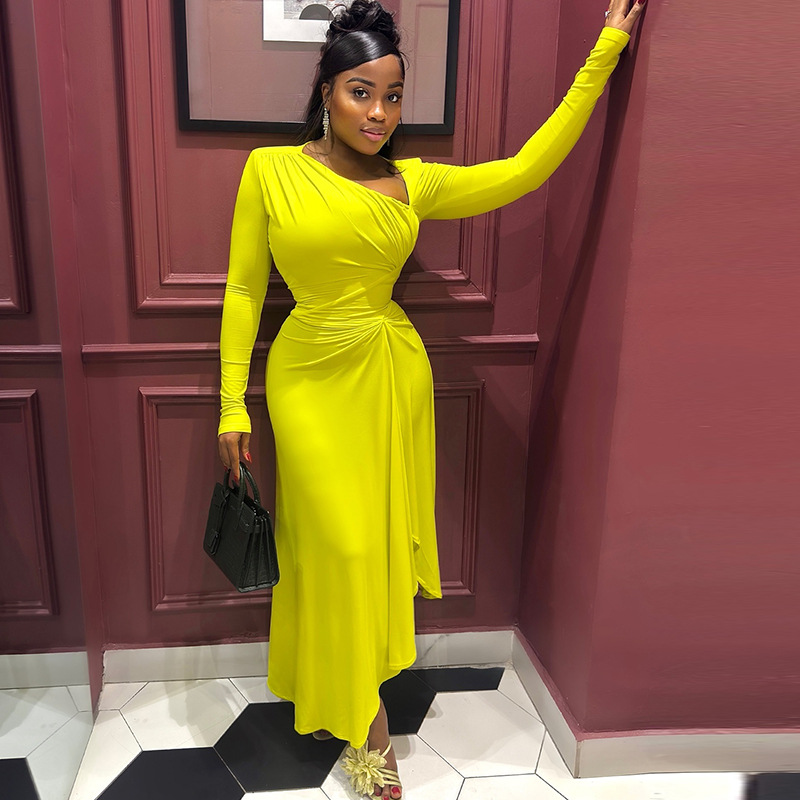 European and American foreign trade elegant temperament women's slim fit pleated irregular skirt solid color long sleeved sloping collar long dress formal dress