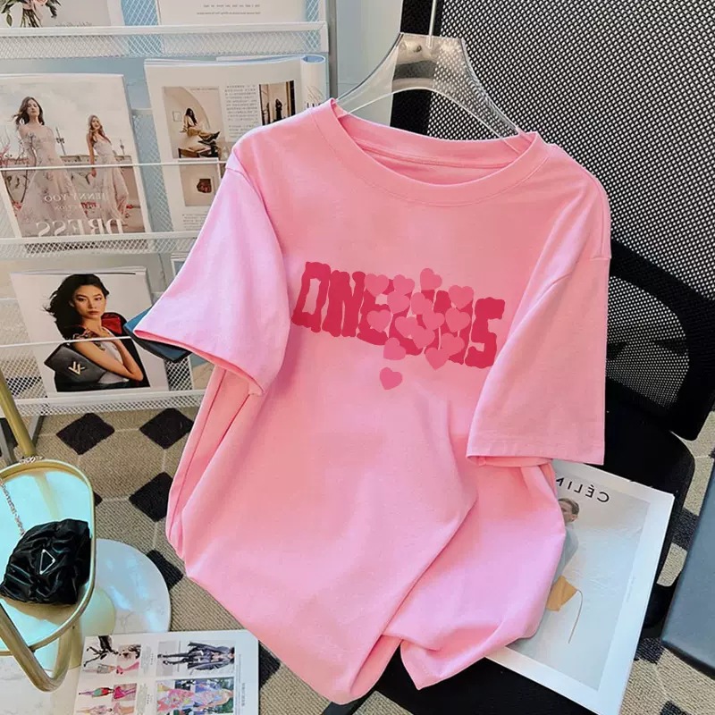 Pink short sleeved t-shirt for women in summer 2023, European style large edition, stylish small shirt, medium to long T-shirt, half sleeved top, Instagram trend