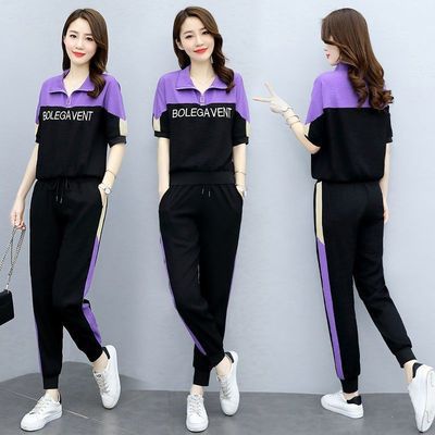 Fashion suit women's summer 2022 Korean version new style anti-aging western-style letter five quarter sleeve top, bound leg pants two-piece set Fashion suit women's summer 2022 Korean version new style anti-aging western-style letter five quarter sleeve top, bound leg pants two-piece set
