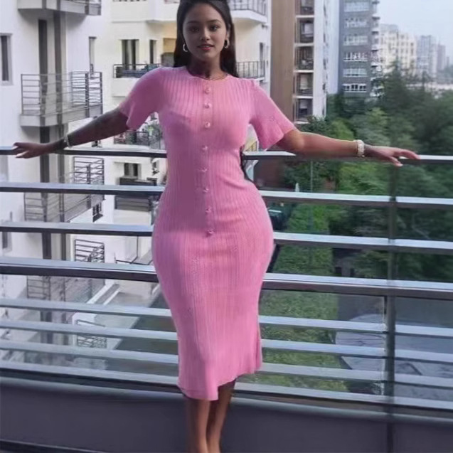 Amazon European and American dress summer new round neck short sleeved temperament knitted hip bag women's spot wholesale