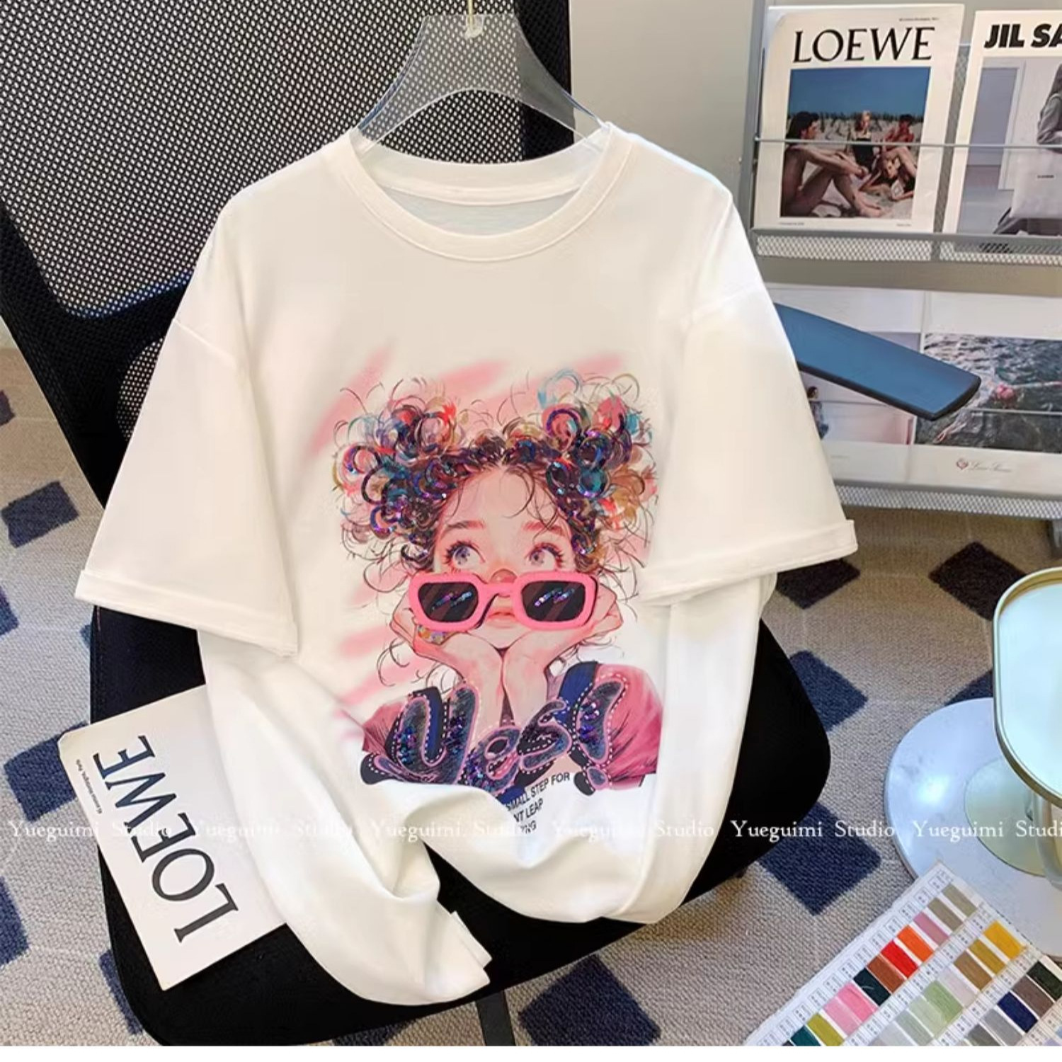 European style large version girl portrait short sleeved t-shirt for women loose fit 2025 new round neck versatile mid length half sleeved top