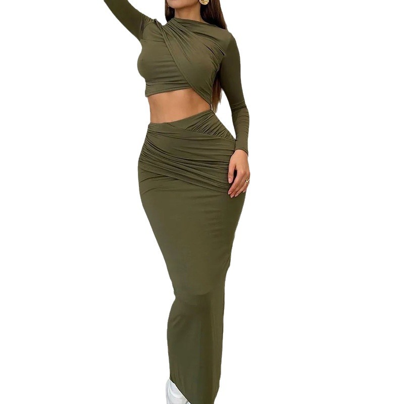 European and American style ins foreign trade solid color round neck irregular long sleeved crop top casual half skirt two-piece set trendy women European and American style ins foreign trade solid color round neck irregular long sleeved crop top casual half skirt two-piece set trendy women