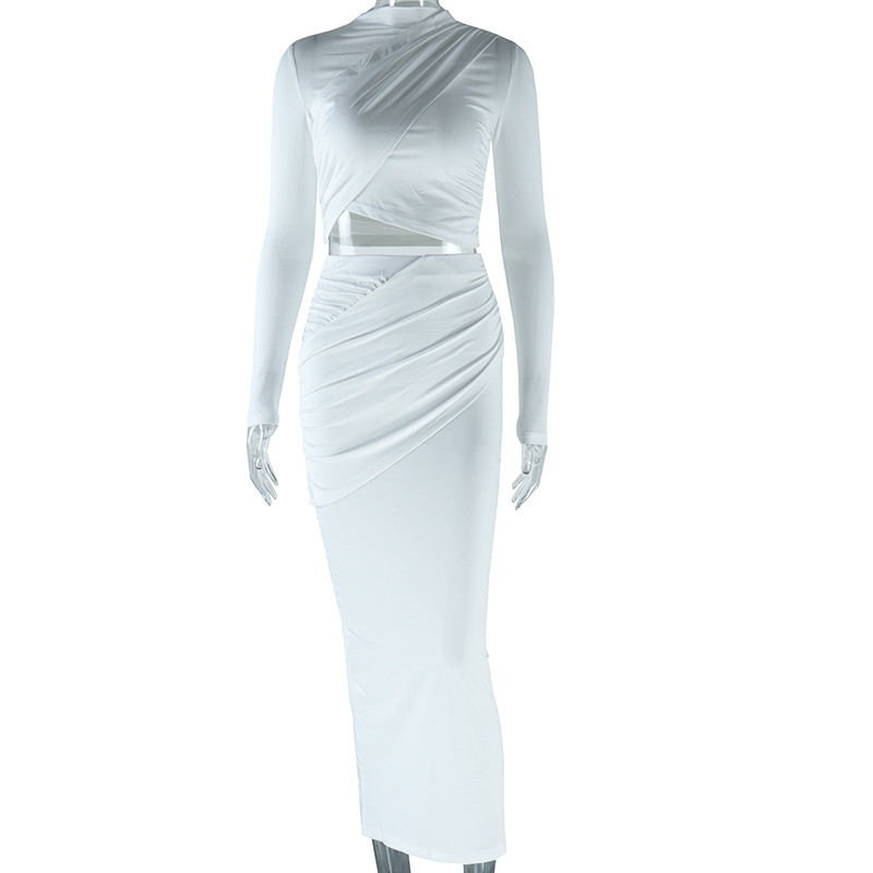 European and American style ins foreign trade solid color round neck irregular long sleeved crop top casual half skirt two-piece set trendy women European and American style ins foreign trade solid color round neck irregular long sleeved crop top casual half skirt two-piece set trendy women