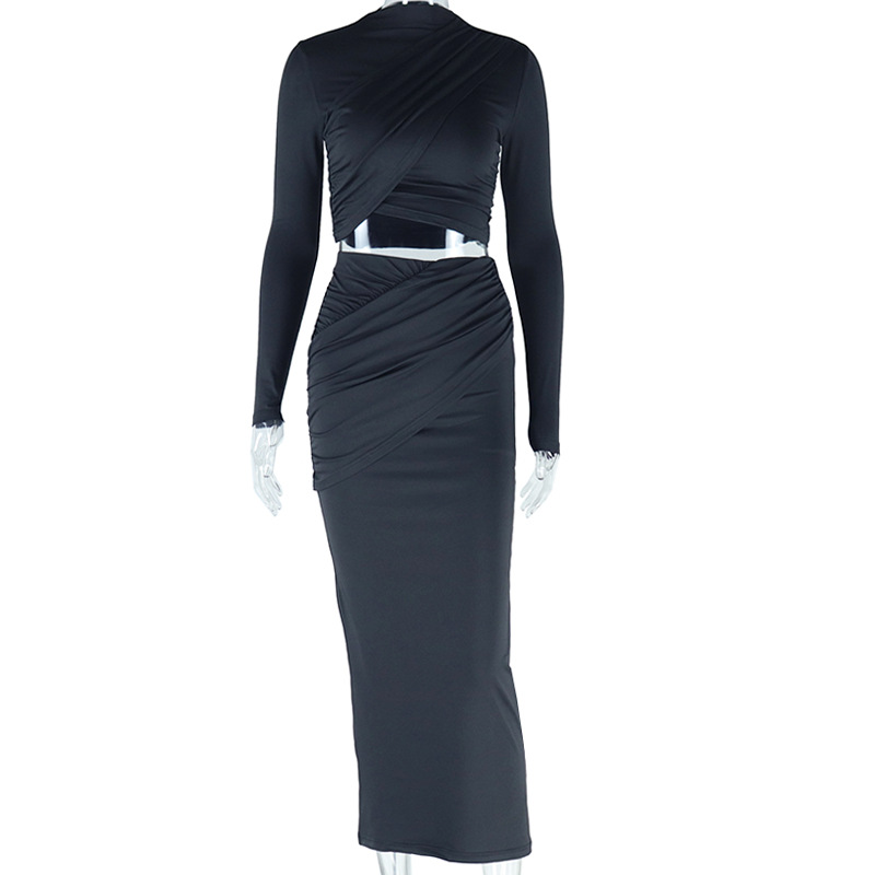 European and American style ins foreign trade solid color round neck irregular long sleeved crop top casual half skirt two-piece set trendy women European and American style ins foreign trade solid color round neck irregular long sleeved crop top casual half skirt two-piece set trendy women