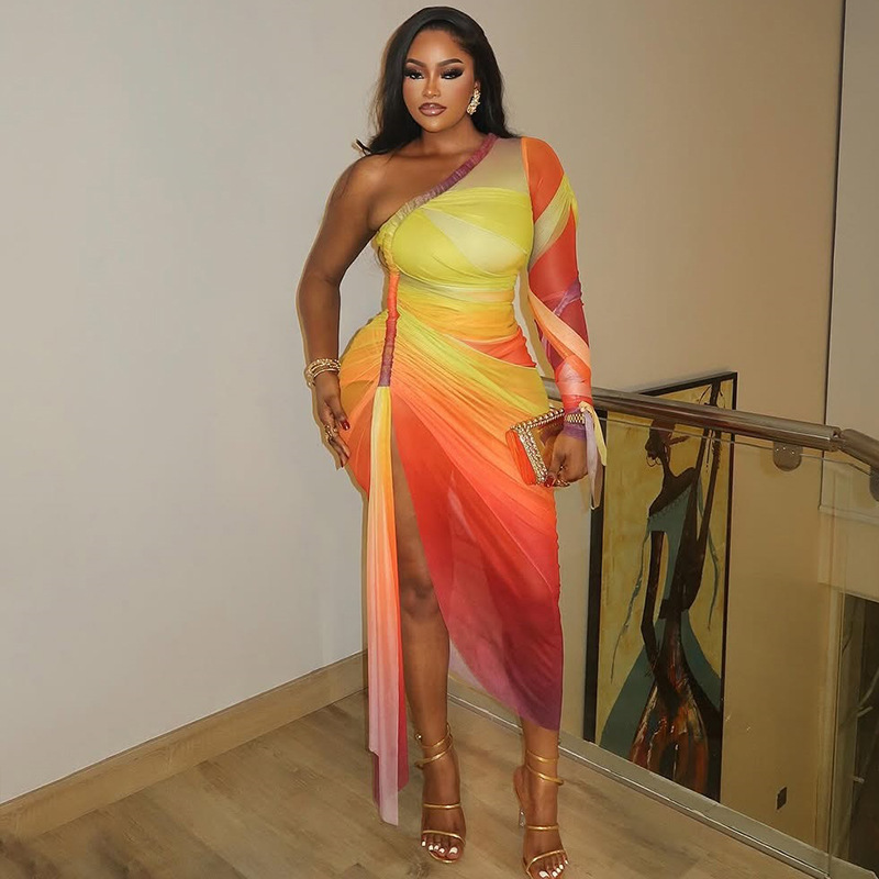 European and American style foreign trade women's pleated color blocked slit slim irregular skirt slanted collar single shoulder long sleeved fashionable dress