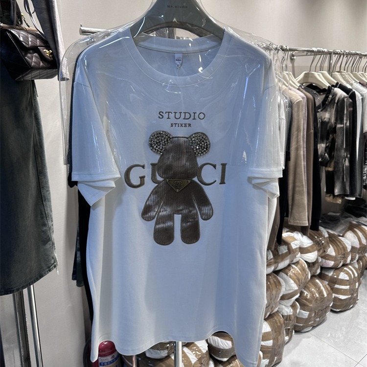 2024 Spring New Bear Printed Half Sleeve T-shirt European Loose Large Edition Medium to Long Short Sleeve Top for Women Summer