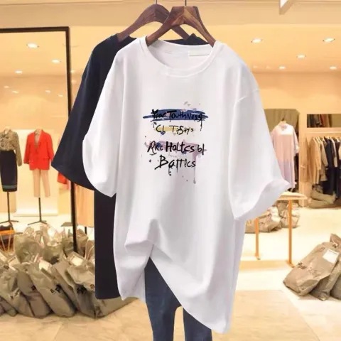 2023 European Large Edition Summer White Short sleeved T-shirt for Women, Loose and Versatile, Student Medium to Long Length Outerwear Top, Ins Trend