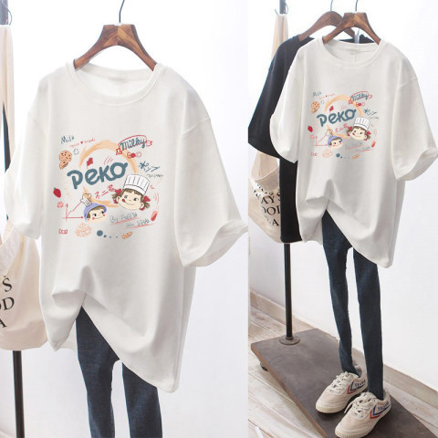White short sleeved t-shirt for women cartoon loose 2023 new summer student versatile mid to long length outerwear ins trend