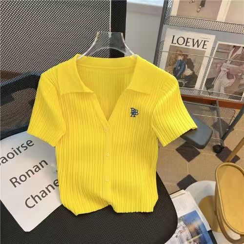 Summer New Style Letter Collar Knitted Shirt Women's Design Sense Slimming Short Shirt Pure Desire Wind Show Thin Top