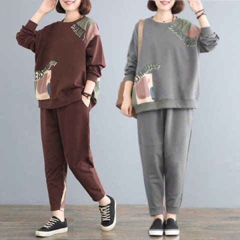 2022 New Autumn Fashion Belly Covering Large Size Loose Long Sleeve Top and Pants Two Piece Set for Women's Slimming Casual Set