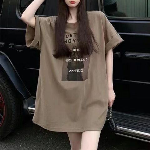 Medium to long T-shirt for women in summer 2023, with letter short sleeved ins, trendy inner layer, bottom layer, trendy outer layer, loose half sleeved top