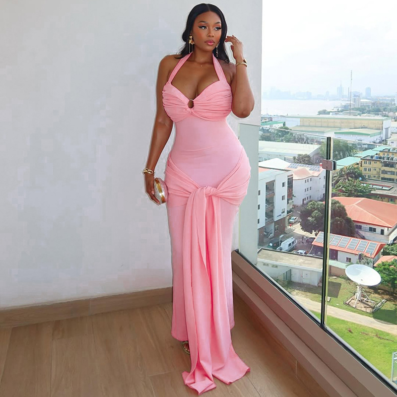 European and American style cross-border pure color sweet women's tight strap wrapped skirt with exposed back, pleated hanging neck, straight tube long dress