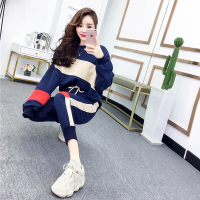 2022 Korean version new autumn fashion color blocked long sleeved sweatshirt long pants two-piece set women's loose casual sports suit 2022 Korean version new autumn fashion color blocked long sleeved sweatshirt long pants two-piece set women's loose casual sports suit