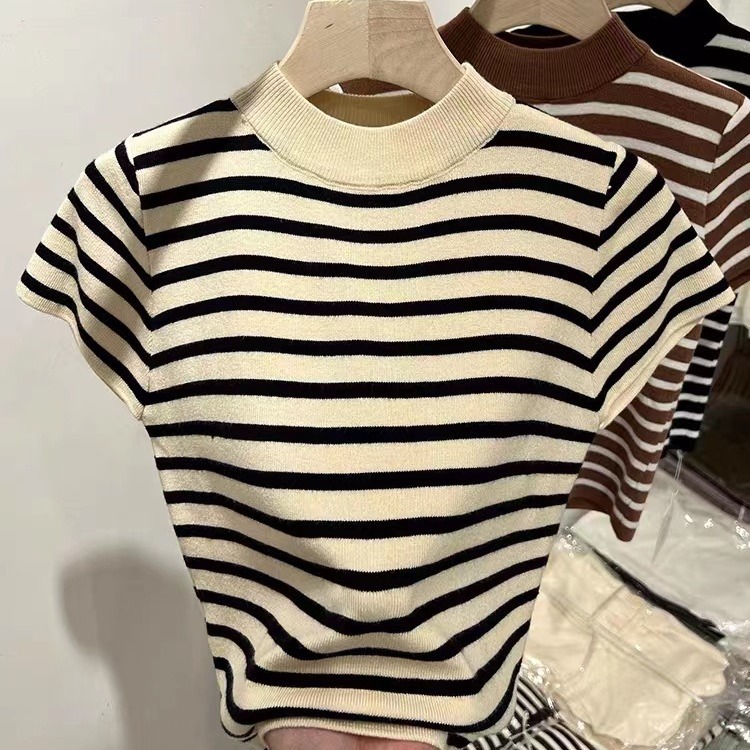 2023 Autumn New Half High Neck Striped Bottom Knitted Shirt for Women, Slim Fit, Short Sleeve, Ice Silk Shoulder T-shirt