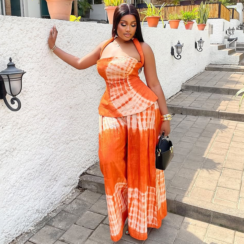 European and American style foreign trade loose and comfortable backless printed skirt set with hanging neck and waist, trendy two-piece set for casual commuting women's clothing