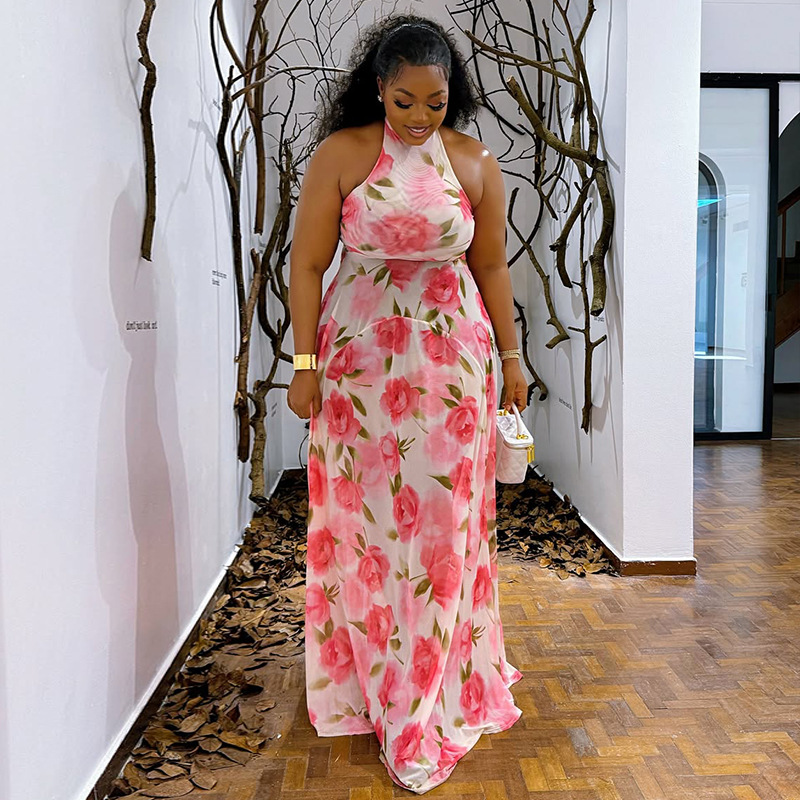 European and American style cross-border elegant printed women's fresh pullover wrap skirt pleated temperament commuting long dress trend