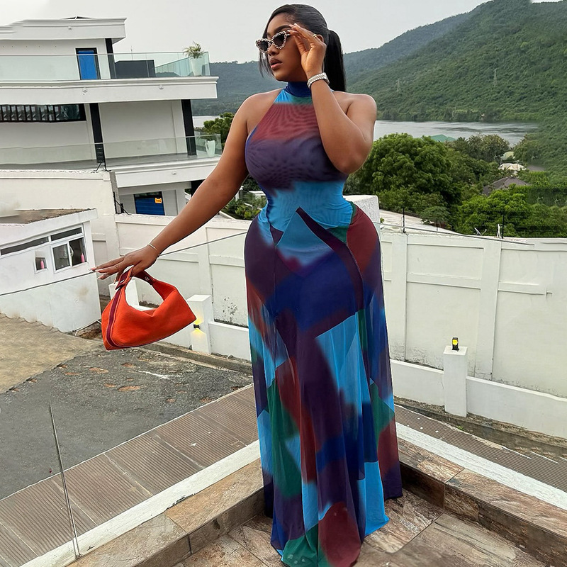 European and American style cross-border women's fashion printed waist folded bag hip skirt stand collar sleeveless color blocked long dress wholesale