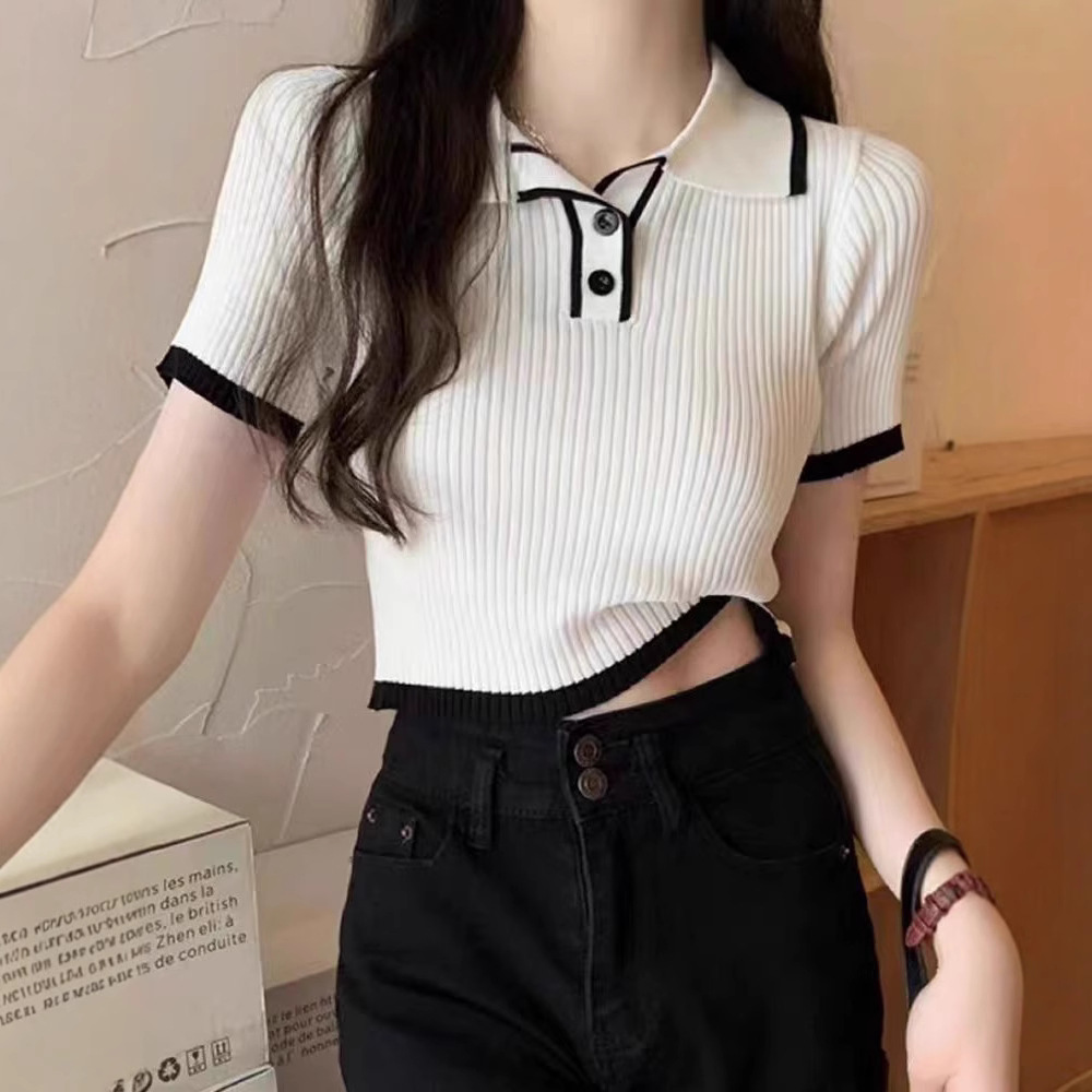 2025 New Color Contrasting POLO Collar Short Sleeve Thin Knitted Shirt for Women's Summer Slimming and Fashionable Short Top