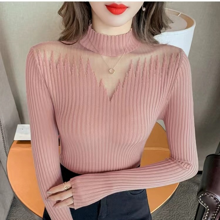 Sexy mesh spliced semi high neck knitted base sweater for women's autumn and winter fashion, with a slim fit sweater design and a sense of top