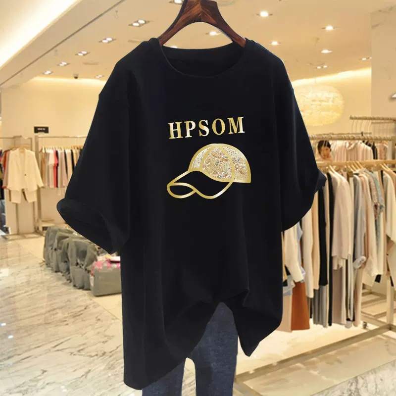 Short sleeved T-shirt for women in summer 2023, European style, large edition, loose round neck, half sleeved T-shirt, mid to long top, Ins trendy