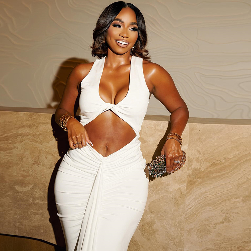 European and American style ins foreign trade women's solid color dress sexy suspender hollow ribbon temperament casual dress dress European and American style ins foreign trade women's solid color dress sexy suspender hollow ribbon temperament casual dress dress