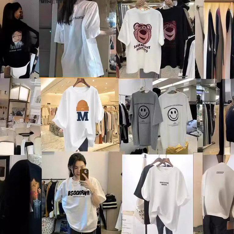 2023 New Summer Round Neck Cartoon Printed Short Sleeve T-shirt for Clearance and Leakage Collection, Women's Versatile Medium to Long Length Student Top