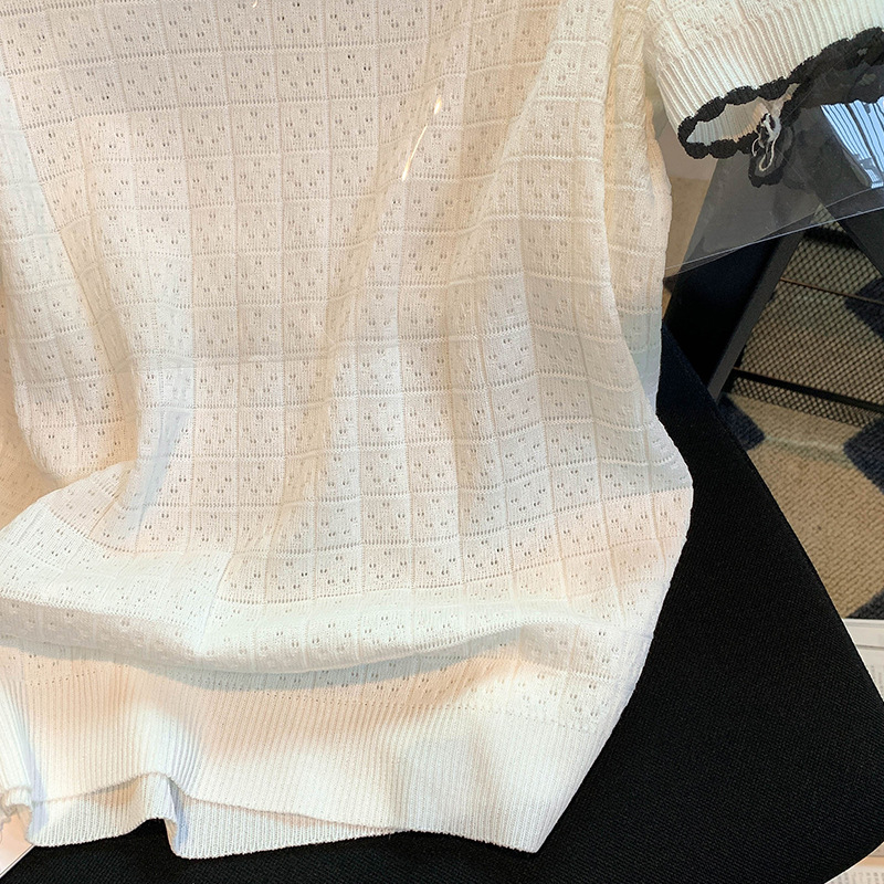 White ice silk knitted short sleeved T-shirt for women's summer 2023 new top design, niche loose round neck White ice silk knitted short sleeved T-shirt for women's summer 2023 new top design, niche loose round neck