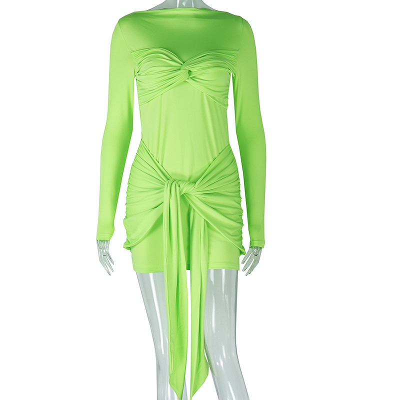 European and American style cross-border women's clothing elegant and fashionable patchwork solid color lace up skirt, long sleeved round neck high waist short dress European and American style cross-border women's clothing elegant and fashionable patchwork solid color lace up skirt, long sleeved round neck high waist short dress