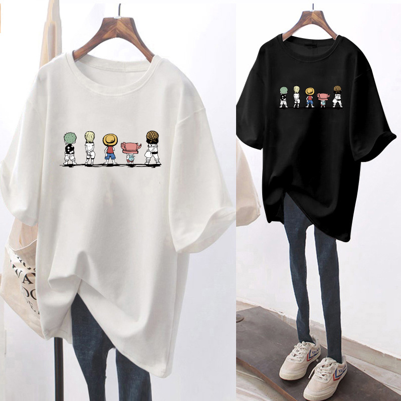 European Large Edition White Short sleeved T-shirt for Women's Summer 2025 New Cartoon Round Neck Versatile Mid to Long Half Sleeve Top