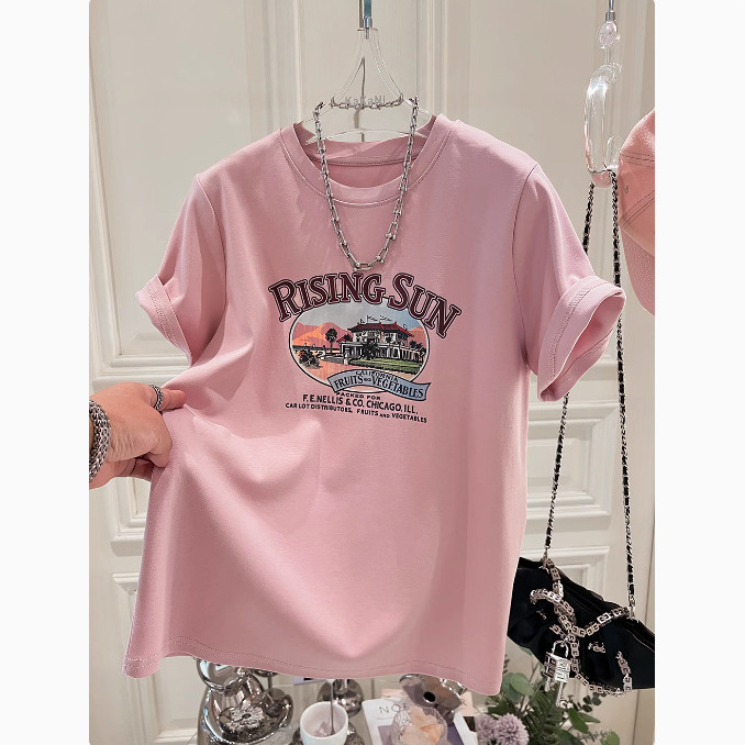 Fat Sister European Large Edition Letter Printed Short Sleeve T-shirt Women's Summer Large Size Women's Fat MM Concealed Belly Top Hidden Meat