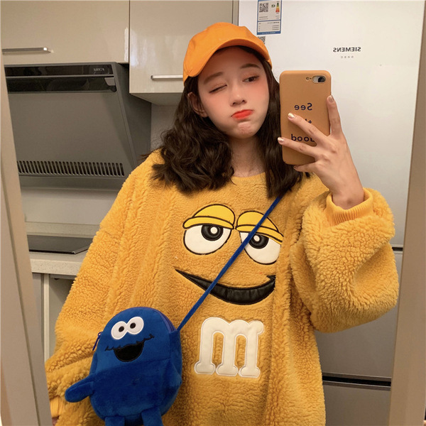 Women's hoodie autumn/winter 2023 new Korean cartoon long sleeved pullover for students, loose and warm with fleece jacket