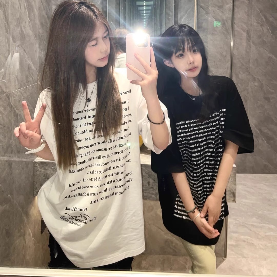 China-Chic American English printed short sleeved t-shirt women's summer hiptop fashion label high street loose lovers half sleeve top