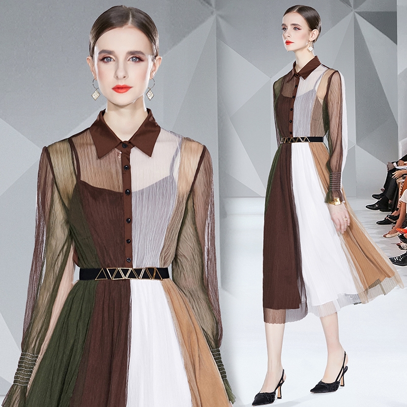 Factory direct sales of Miyake pleated contrasting waist cinched mesh pleated dress Factory direct sales of Miyake pleated contrasting waist cinched mesh pleated dress