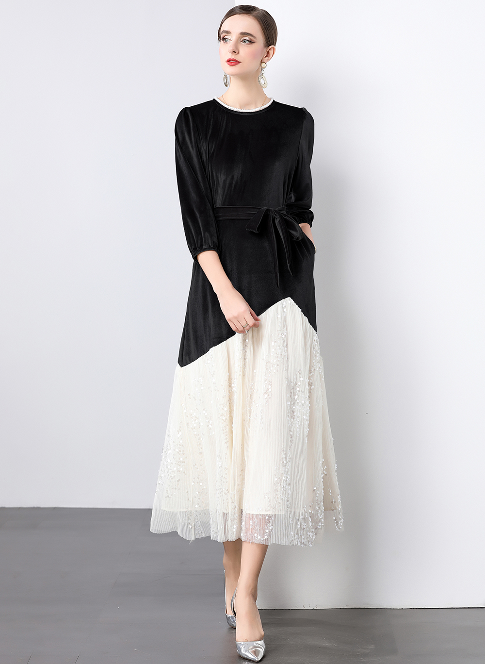 Real shot French socialite temperament lace sequin patchwork gold velvet dress