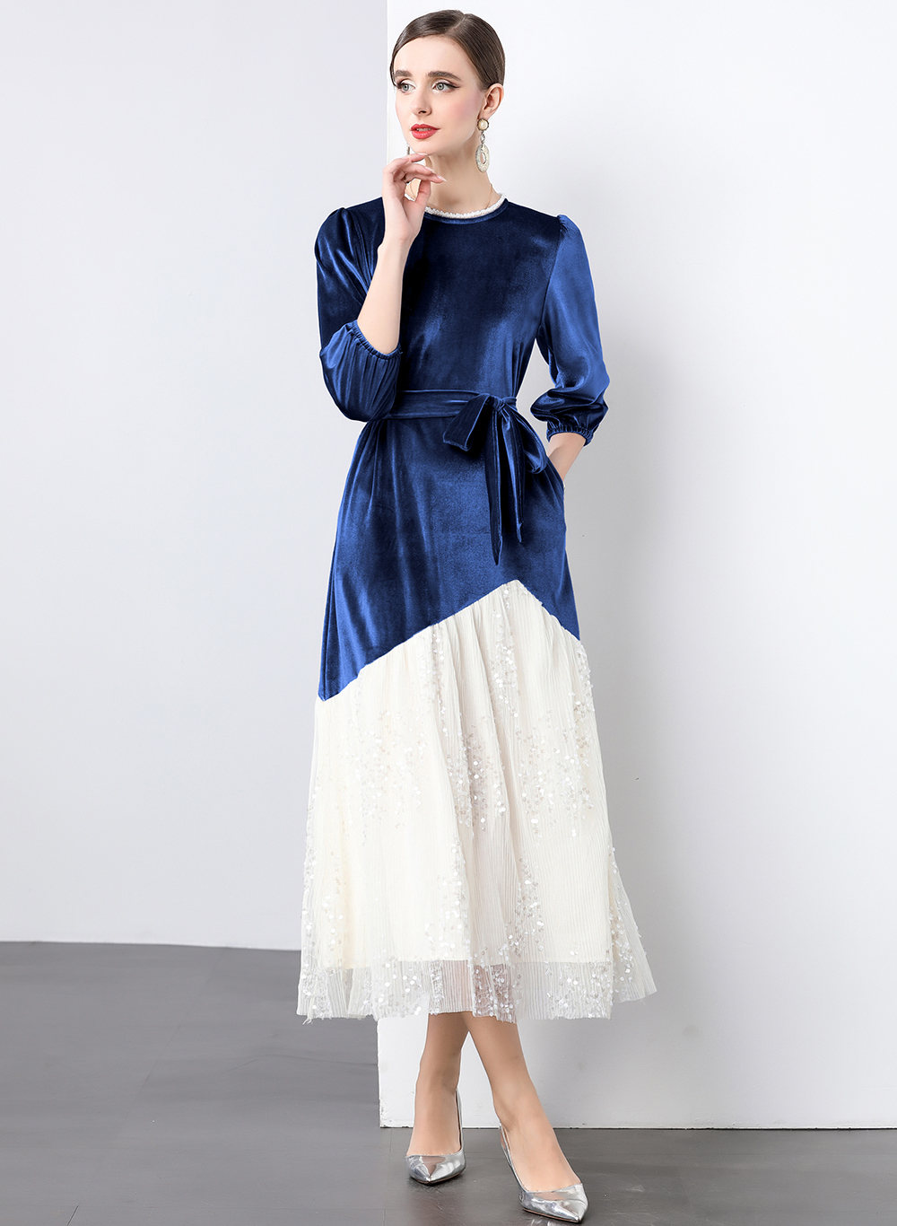 Real shot French socialite temperament lace sequin patchwork gold velvet dress Real shot French socialite temperament lace sequin patchwork gold velvet dress