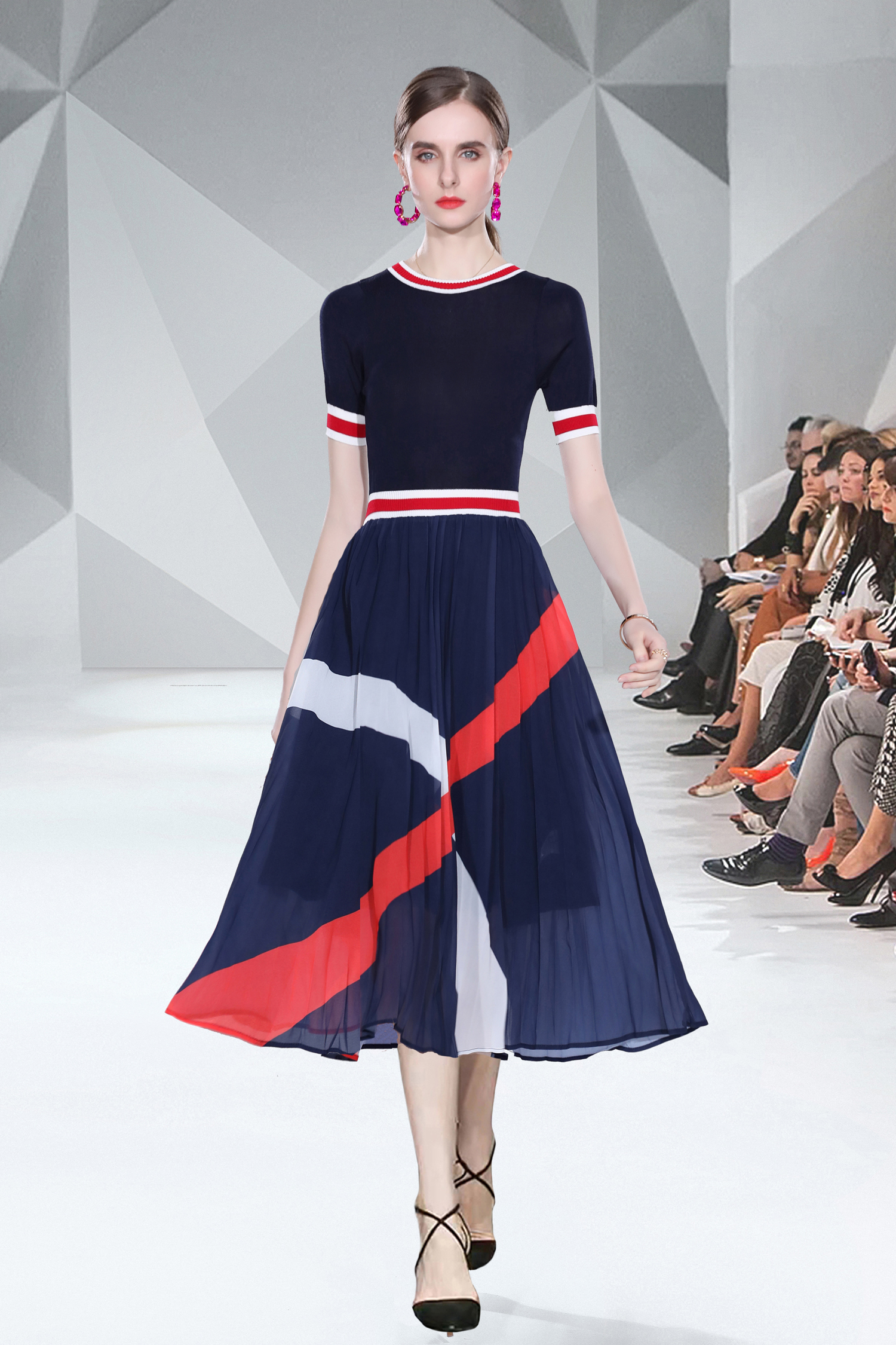 Factory direct sales fashion knitwear patchwork chiffon printed large swing dress Factory direct sales fashion knitwear patchwork chiffon printed large swing dress